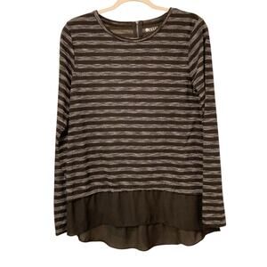 Stylus Long-Sleeve Black/Gray Striped Top Sheer Layer Hem Back Zip Size M EUC